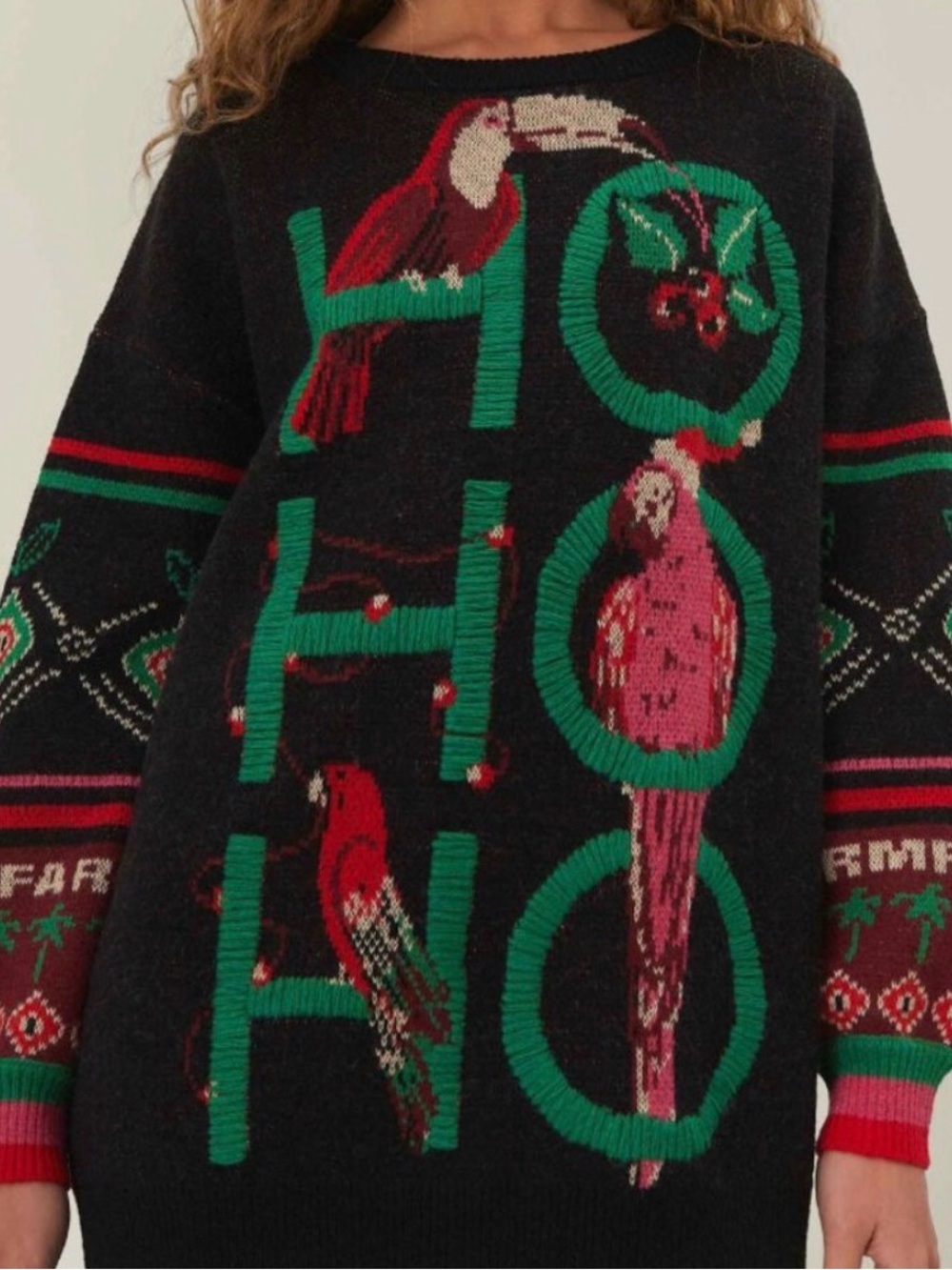 FARM Rio Black Parrot 'HOHOHO' Knit Sweater with Green and Red Accents